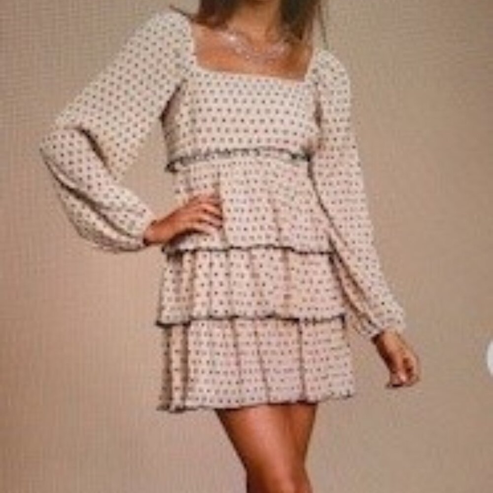Lulu's - Confession of Love Beige Polka Dot Ruffled Long Sleeve Dress - Size Med
